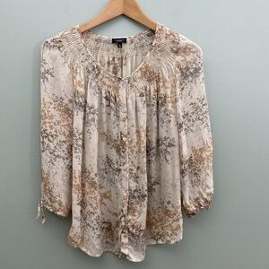 Talbots Silk Blouse Top Button Front Sheer 3/4 Sleeve Cottage Beige Size Small